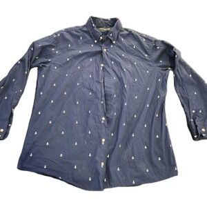 Nautica Men's Button Down Shirt 2XL Navy Blue White Anchor Print Long Sleeve